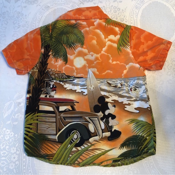 Disney Parks Boys 36M Mickey Mouse Orange Hawaiian Shirt Button-Up Short Sleeves - Picture 2 of 14